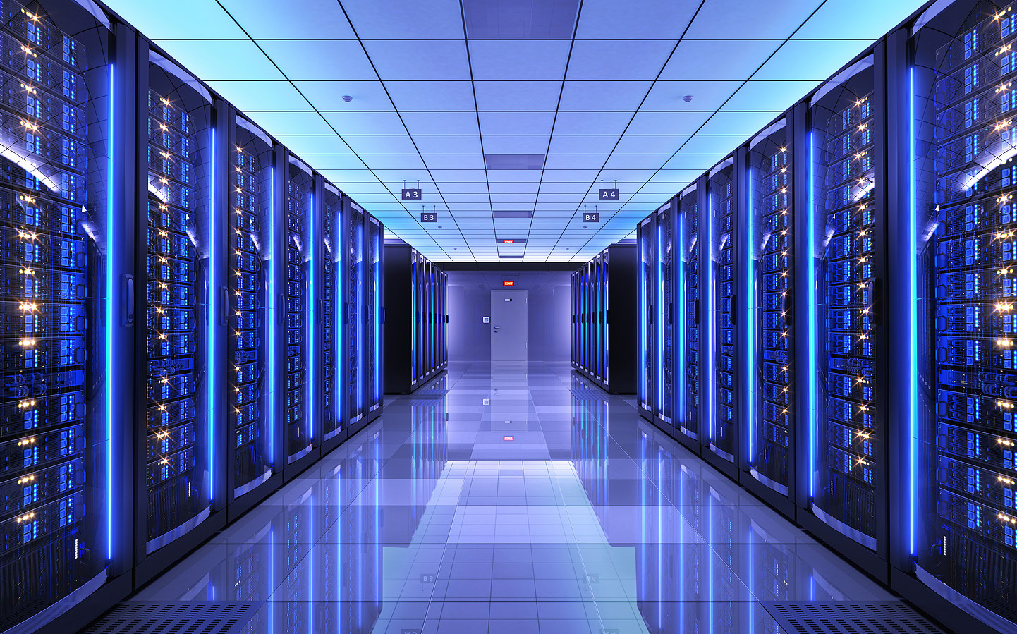 Hallway lined with server towers